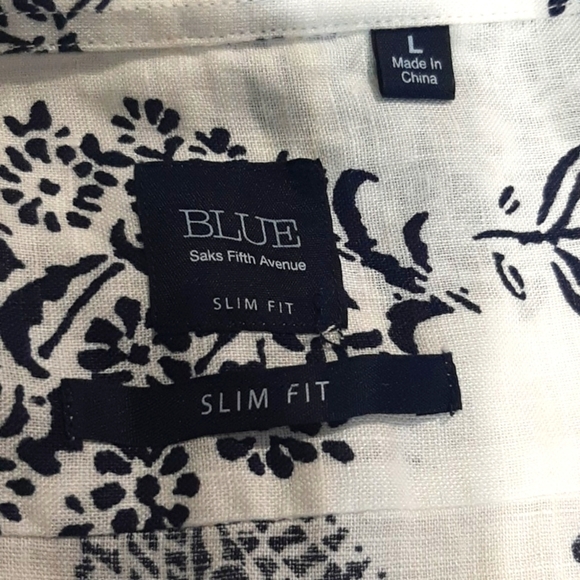SAKS FIFTH AVENUE  BLUE 100% LINEN slim fit button front shirt Size L Paisley - Picture 7 of 16